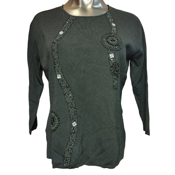 Lou Lou Women's Black Knit Long Sleeve Rose Embroidered Top 1X - Picture 1 of 3